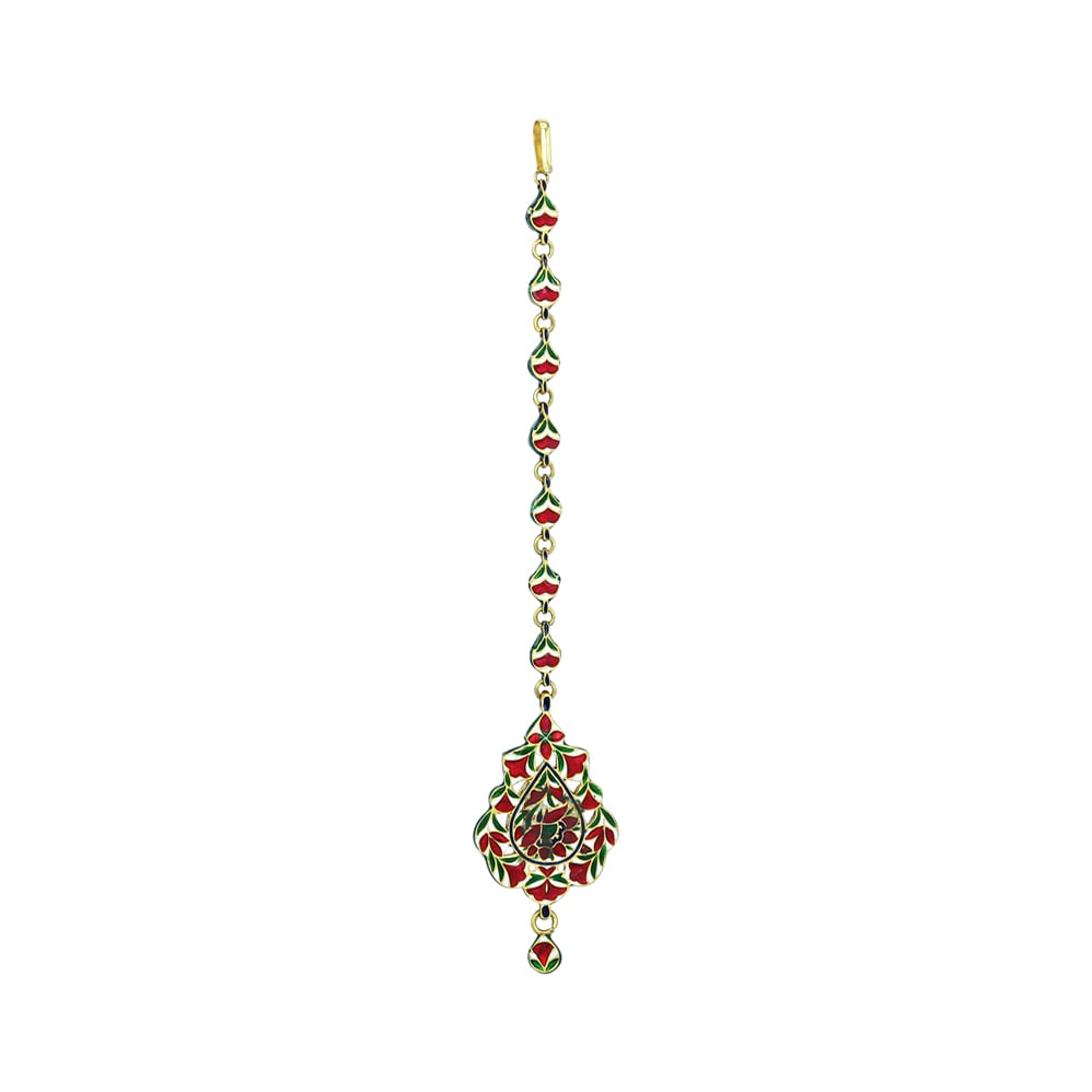Pear-Shaped Green Gemstone Mangtikka with Polki Work